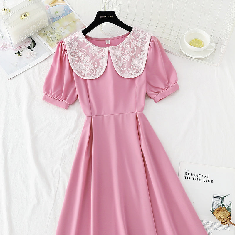Lace doll Neck Chiffon Dress with slim waist  4855