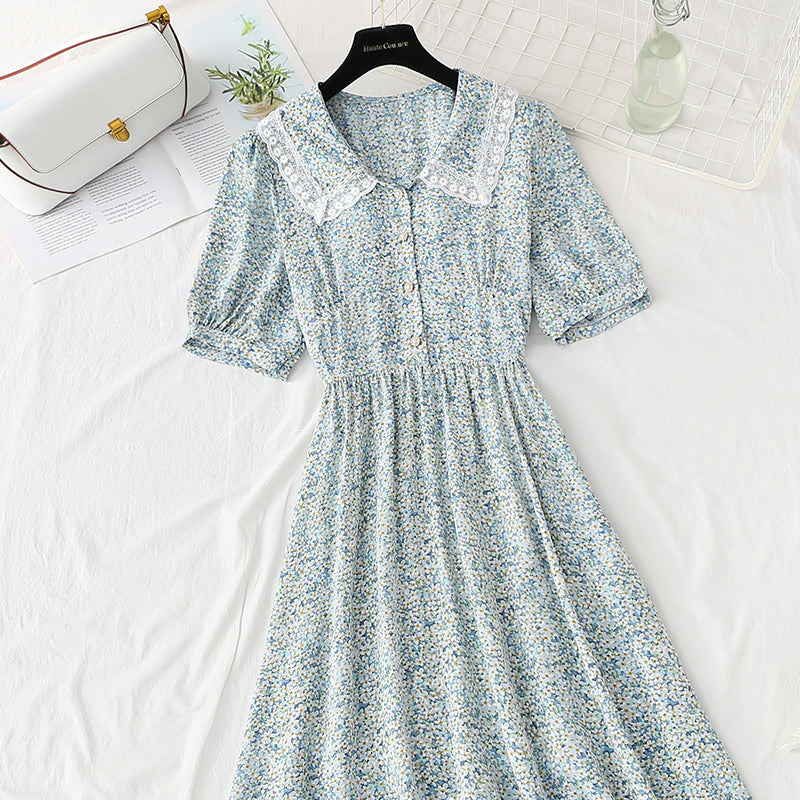 Sweet lace doll neck floral dress gentle wind dress  4856