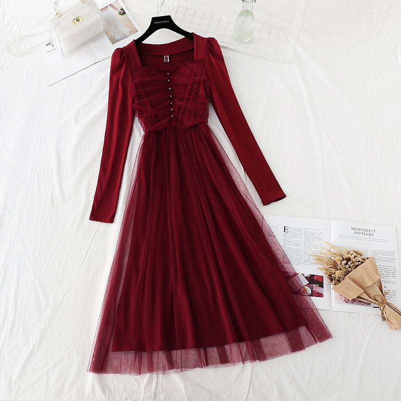 Square neck slim French retro light cooked wind bottomed skirt  4558