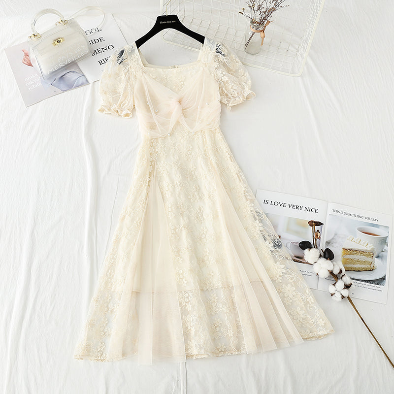 Lace dress with slim waist small skirt  4422