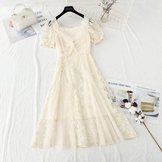 Lace dress with slim waist small skirt  4422