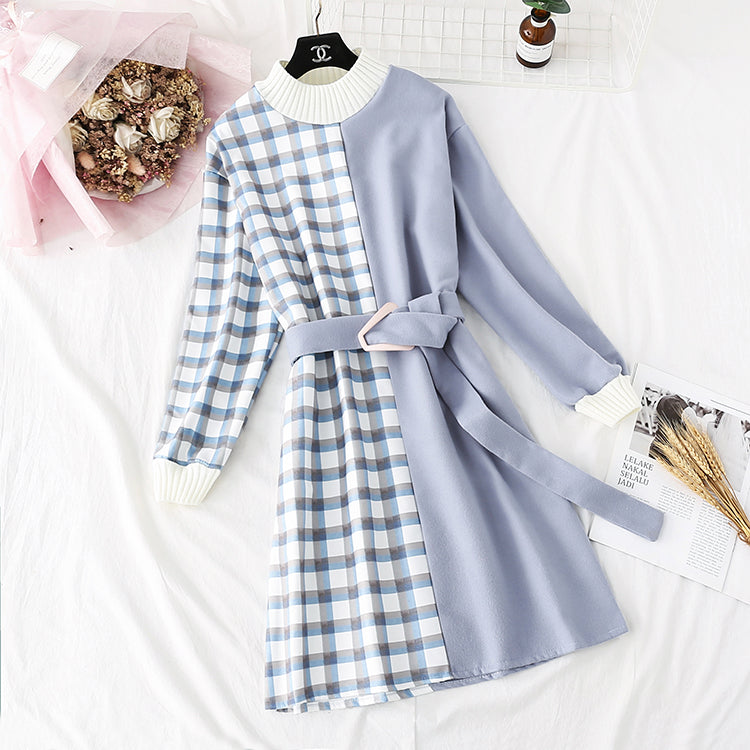 New Plaid color blocking small man with a bottomed skirt at the waist  4484