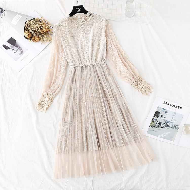 New lace pleated fairy gold velvet mesh dress  4483