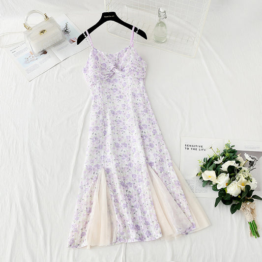 Design sense niche purple fishtail skirt Chiffon floral suspender dress  4409