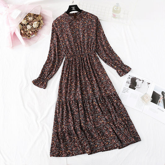 Floral dress French retro half high neck inside  4486