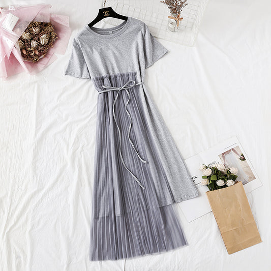 Pleated mesh irregular personality T-shirt skirt  4352