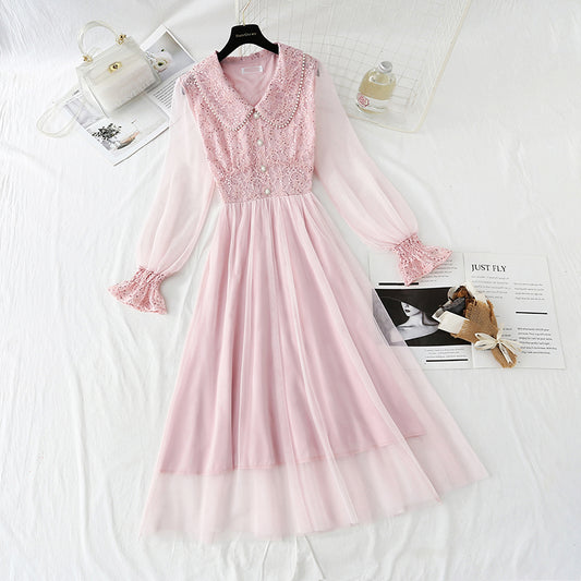 Sequin lace dress doll neck French gauze Fairy Dress  4433