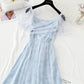 French long dress square neck bubble sleeve fairy skirt  4419