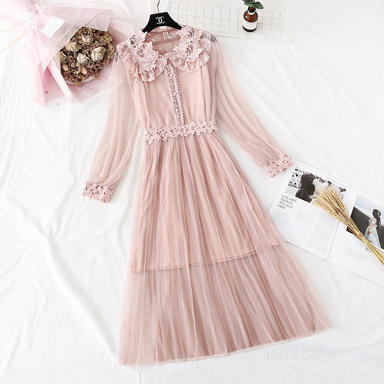 Lace flower mesh suspender dress  4370