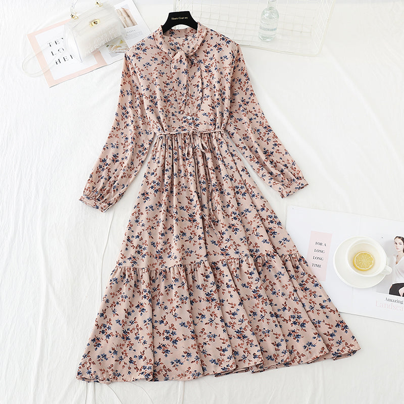 New long sleeved chiffon skirt sweet waist slim gentle wind Floral Dress  4546