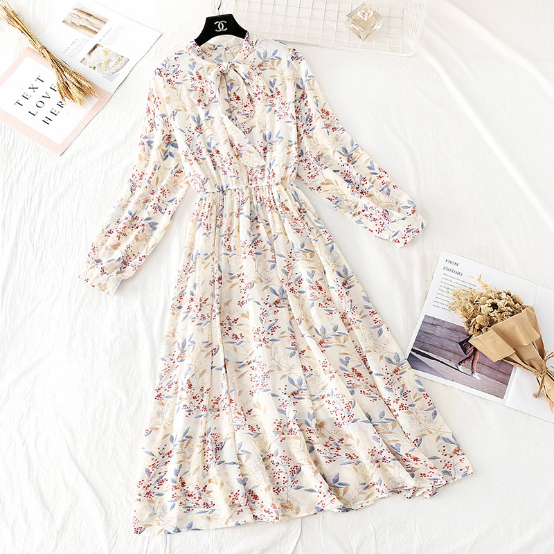 New French style long sleeve Floral Chiffon Skirt  4444