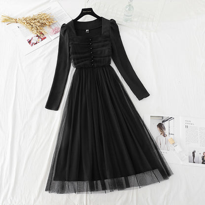 Square neck slim French retro light cooked wind bottomed skirt  4558