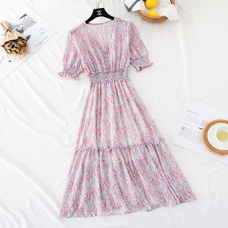 La nouvelle taille est fine, jupe en mousseline à manches bouffantes, jupe longue rétro française 4594