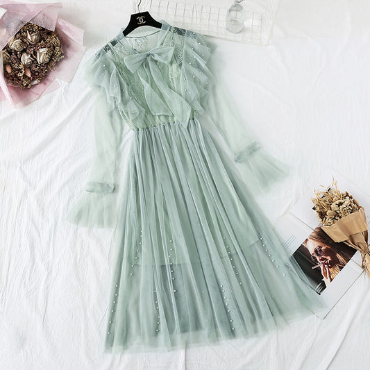 New nail bead lace up French retro super xiansen sweet skirt  4452