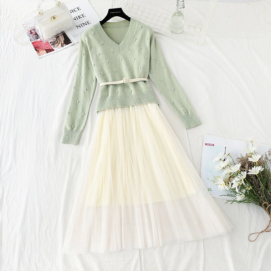 New gentle sweater with mesh suspender skirt two-piece set  4403