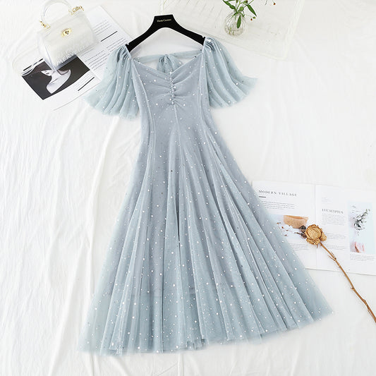 Star Sequin gauze waist closing thin French dress  4398
