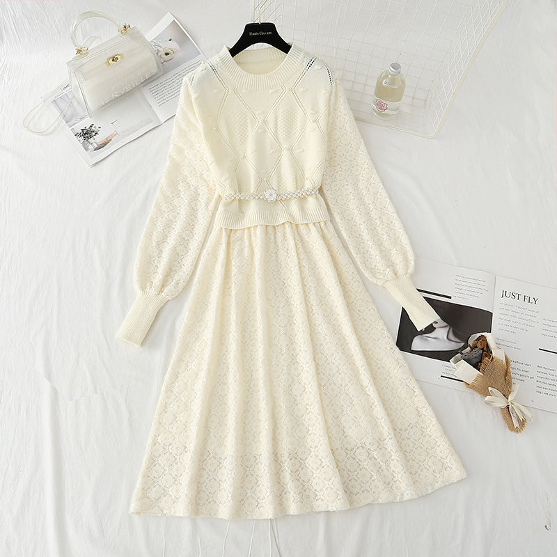 New knitted bottomed dress women's lace patchwork skirt  4441