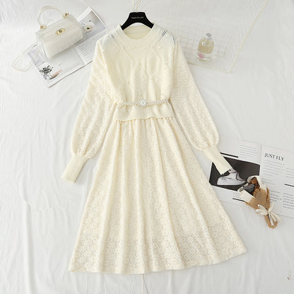 New knitted bottomed dress women's lace patchwork skirt  4441