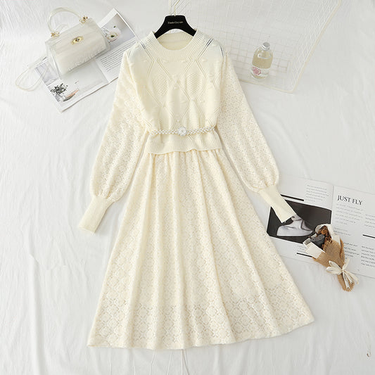 New knitted bottomed dress women's lace patchwork skirt  4441