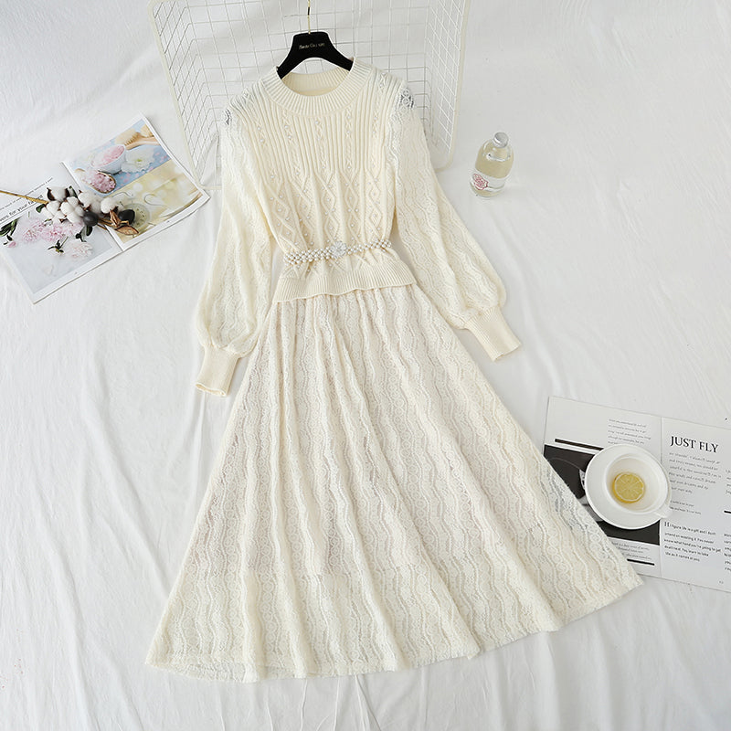 Knitted dress women's super fairy lace Plush stitched wool dress  4439