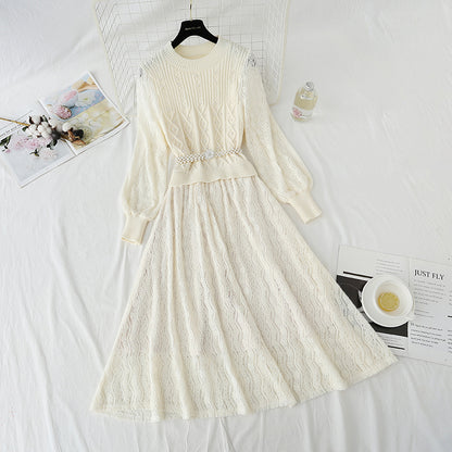 Knitted dress women's super fairy lace Plush stitched wool dress  4439