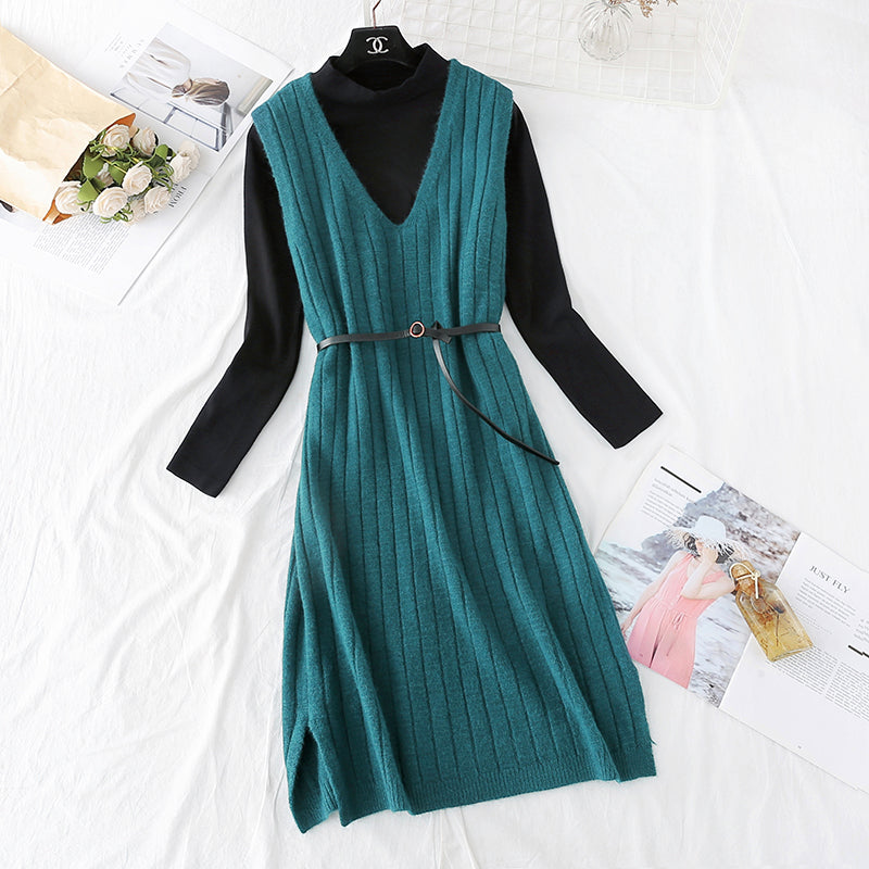 Bottomed shirt + knee length woolen dress set  4461