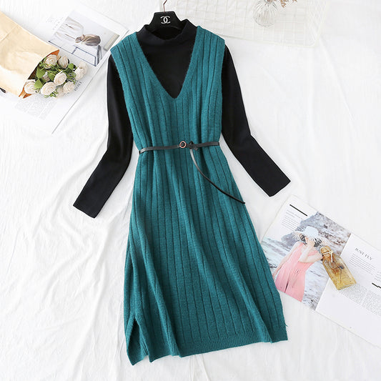 Bottomed shirt + knee length woolen dress set  4461