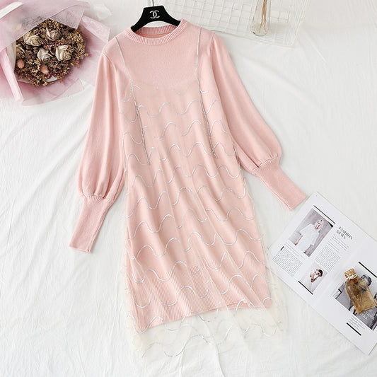 Knitted dress small Xiangfeng net red sweater suspender yarn skirt suit  4464