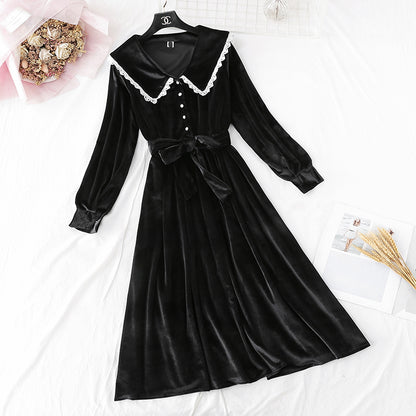 Französisches retro goldenes Samtkleid Super Xiansen langer Rock 4499