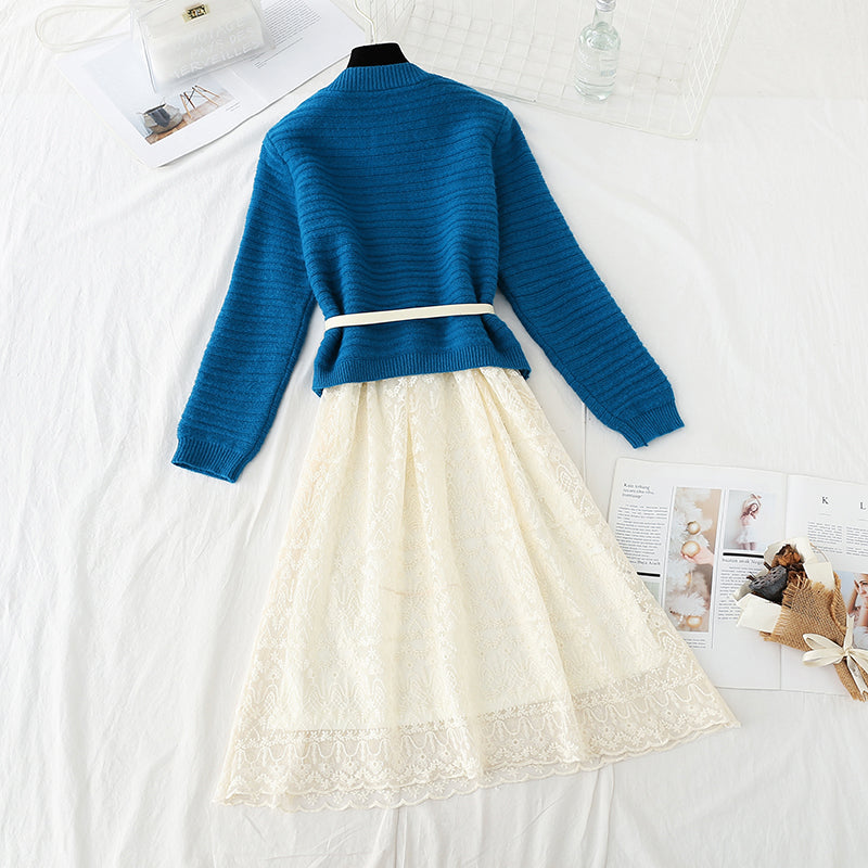 Sweater with lace skirt age reduction suit fashion two-piece suit  4557