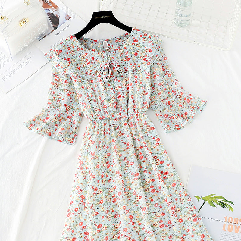 New sweet college broken Flower Chiffon French retro dress  4518