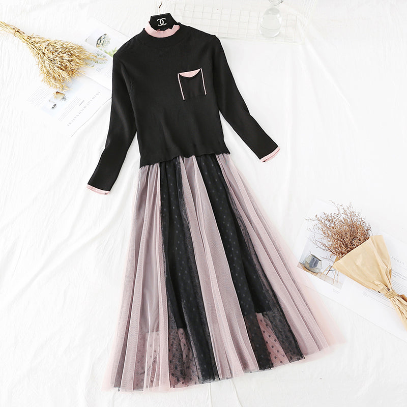 Fashion stitching waist closing mesh pleated bottom skirt  4446