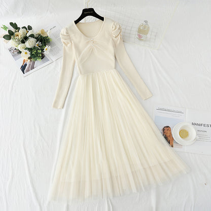 Mesh stitched knitted dress temperament long skirt  4416
