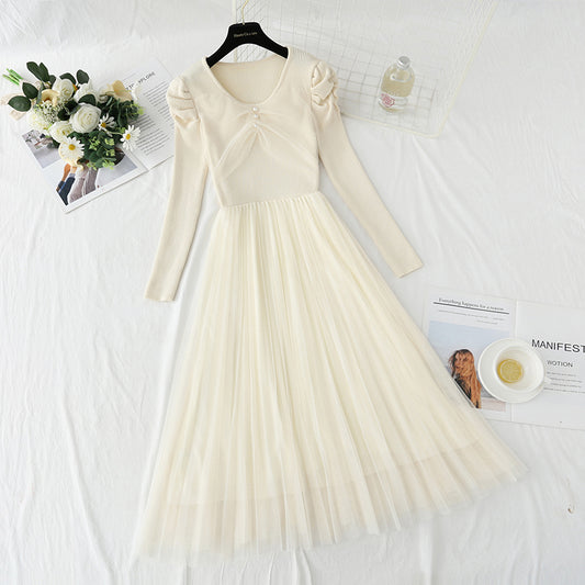 Mesh stitched knitted dress temperament long skirt  4416