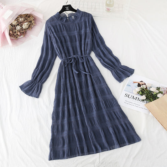 Slim Pleated Chiffon Dress French retro Platycodon skirt  4500