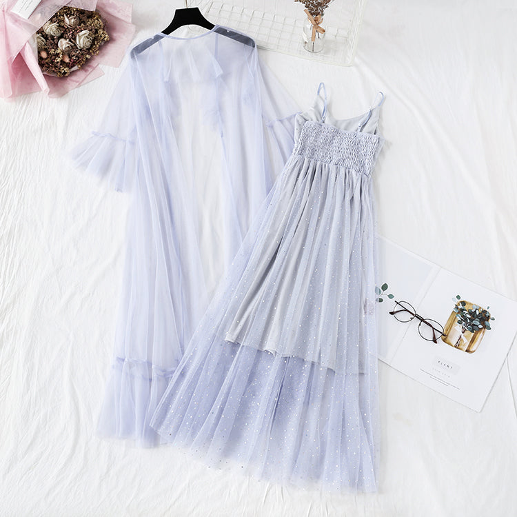 Sequin mesh dress suspender skirt two piece suit  4478