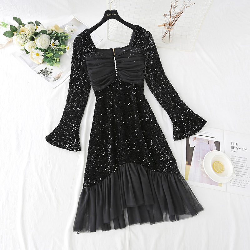 Square neck mesh fairy fishtail Sequin bottomed skirt  4432