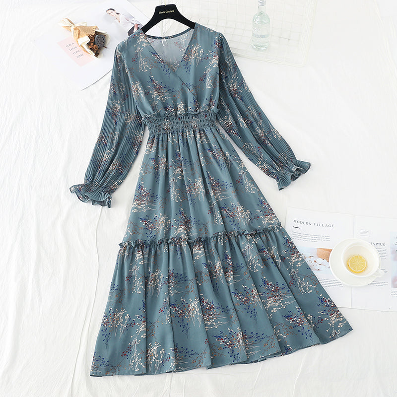 New gentle wind, slim slim, elastic waist, wrinkled Chiffon Floral Dress  4714