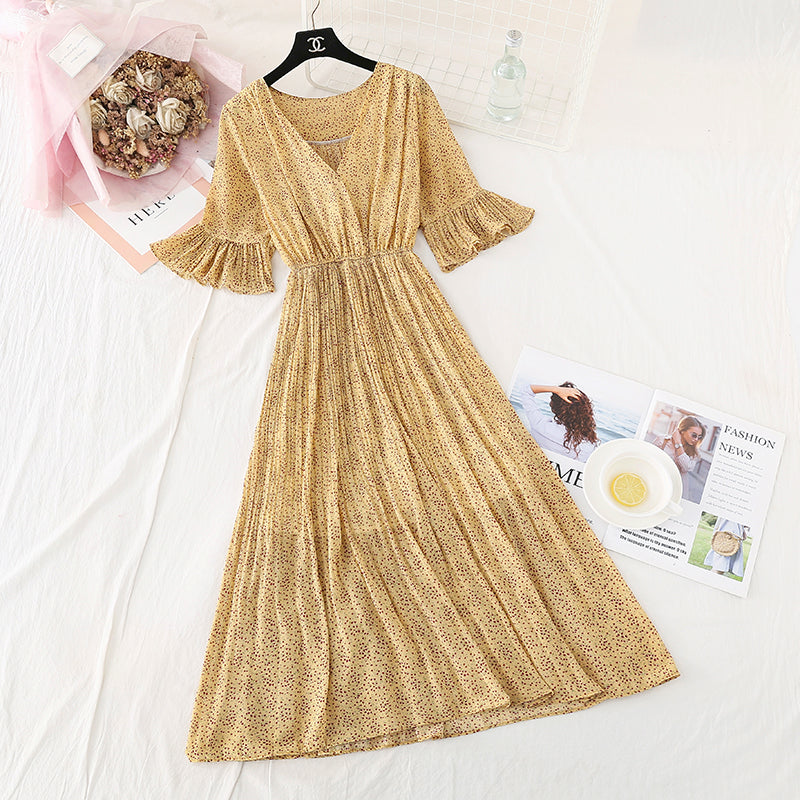 New French retro super fairy red Pleated Chiffon Long Skirt  4526