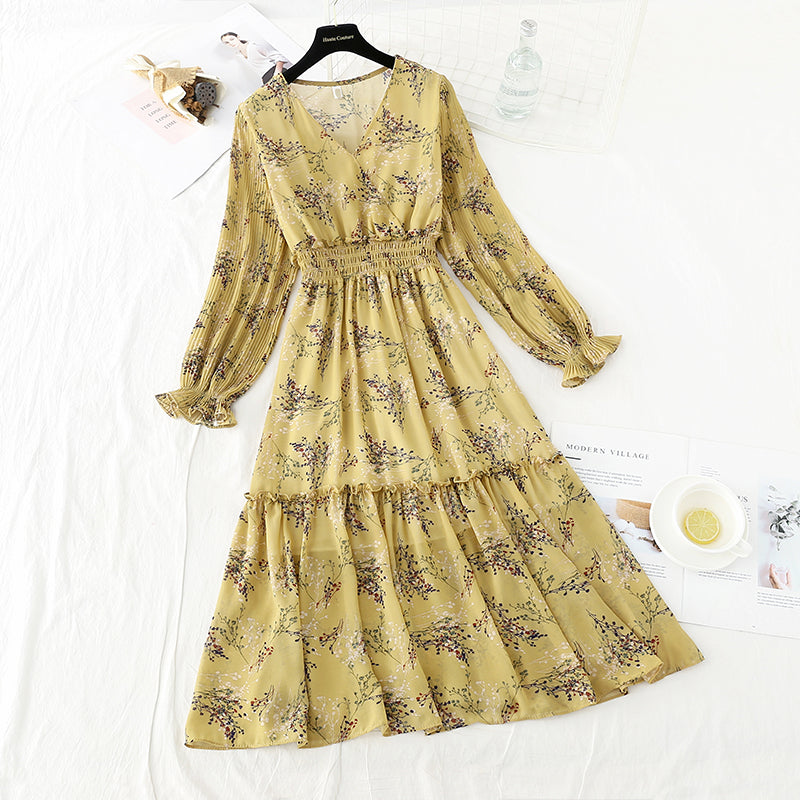 New gentle wind, slim slim, elastic waist, wrinkled Chiffon Floral Dress  4714