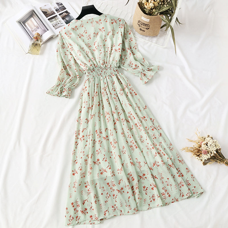 French minority Floral Chiffon Dress retro skirt waist slim  4475