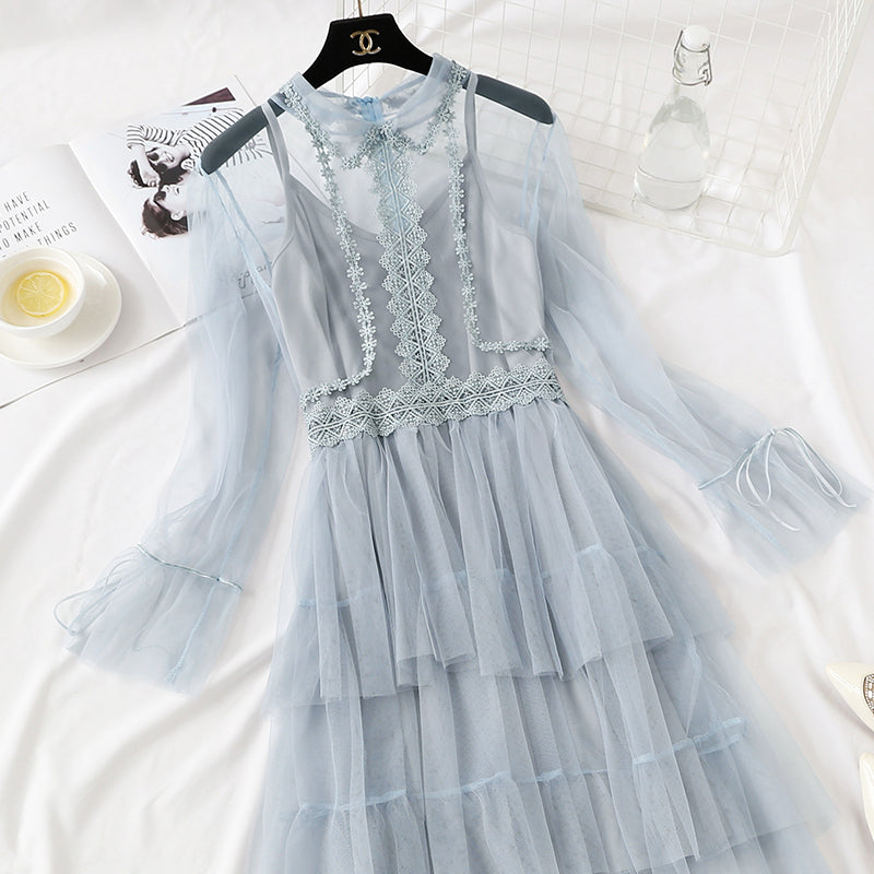 Small retro doll skirt heavy industry lace mesh cake dress  4460