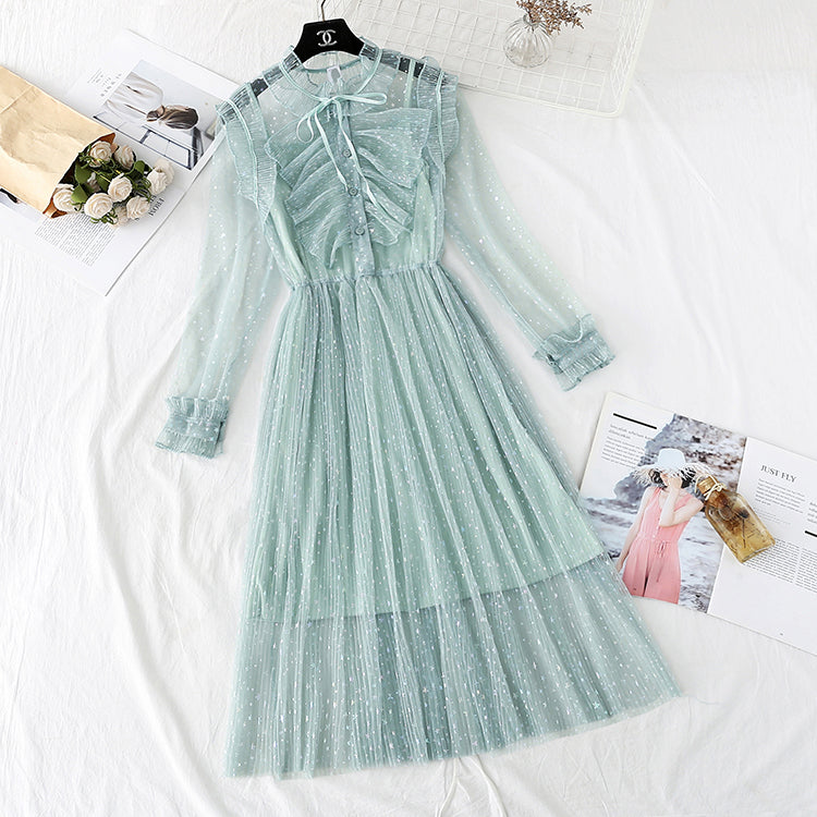 Fairy mesh dress French retro star Sequin dress  4354