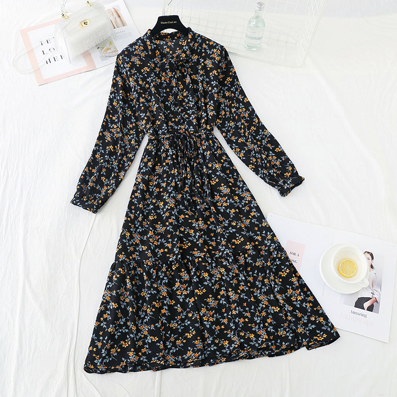 New long sleeved chiffon skirt sweet waist slim gentle wind Floral Dress  4546