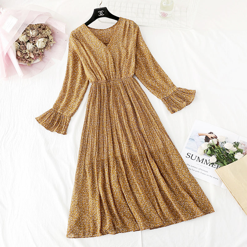 New style small fresh pleated French retro long skirt Kikyo skirt  4523