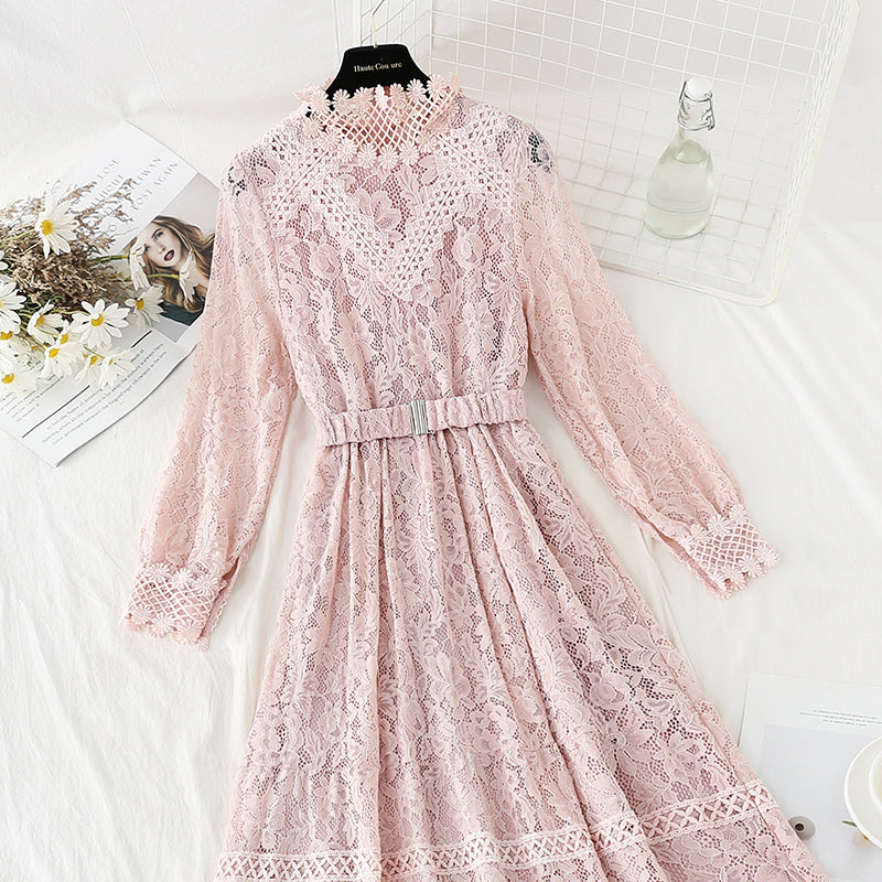 Stitched lace dress gentle style slim temperament bottomed skirt women  4094