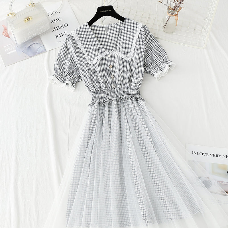 Cotton linen dress Plaid gauze fairy skirt French doll collar  4425