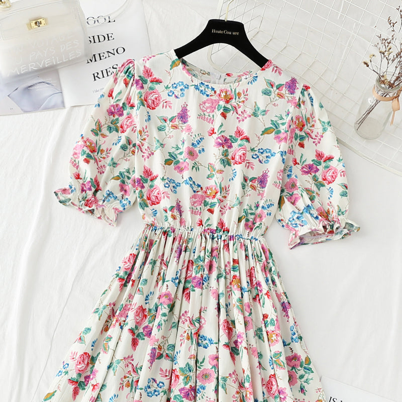 French gentle wind bubble sleeve skirt with thin waist and floral long skirt  4238