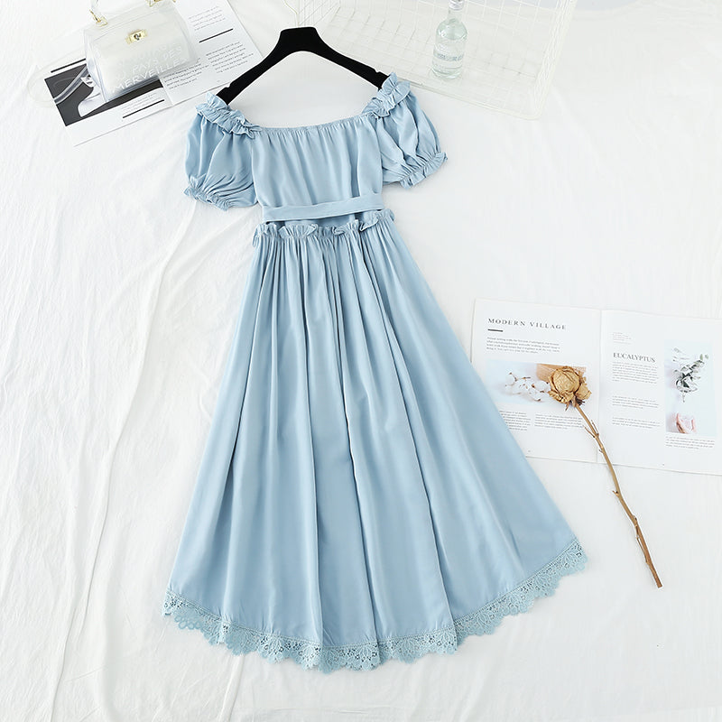 Narrow waist, thin bubble sleeve temperament, sweet white irregular skirt  4194