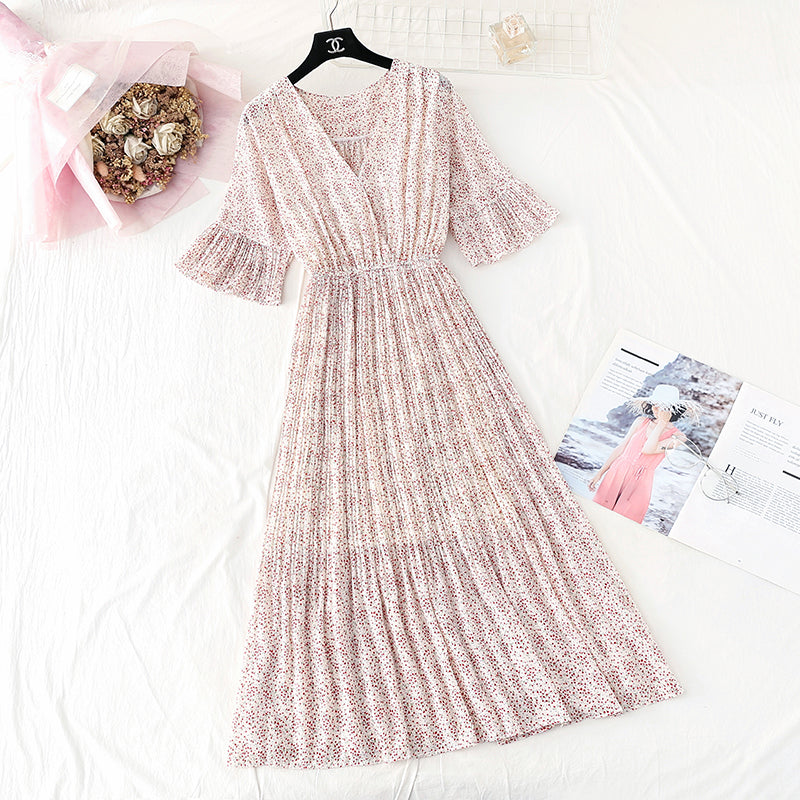 New French retro super fairy red Pleated Chiffon Long Skirt  4526